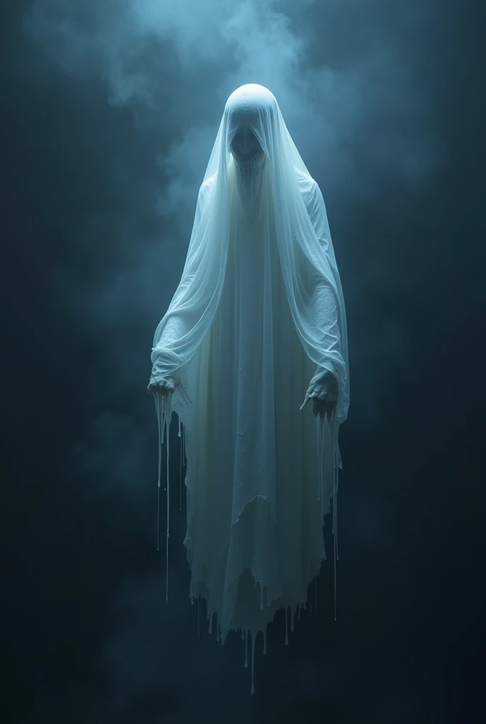 A dripping ghost, ethereal and haunting, floating in a dark and gloomy atmosphere, (best quality,4k,8k,highres,masterpiece:1.2),ultra-detailed,(realistic,photorealistic,photo-realistic:1.37), detailed ghostly features, wispy tendrils of ectoplasm, dramatic lighting, moody blues and purples, dramatic shadows, intricate details, haunting and eerie, seamless integration, cinematic composition