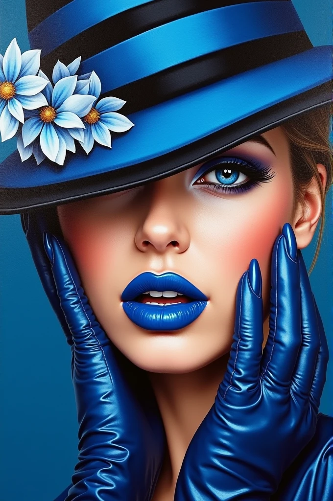 Oil painting of an enchanting, lively female face with bold, dark blue lips and nails. Her eyes are partially hidden by a stylish blue and black striped hat with delicate flowers. Her eyes peek out of the hat, exuding confidence. Blue and black leather gloves complete her bold ensemble, while her lips are framed by a precise black liner. The vibrant colours of blue, black and white create a striking contrast, making this painting a true work of art.