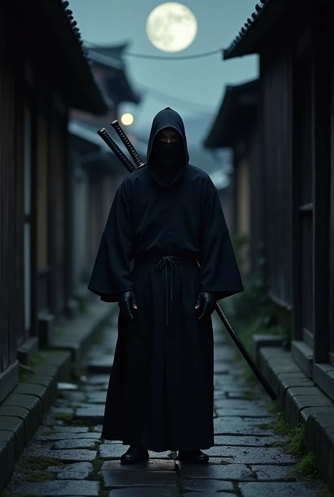 Ninja, in the shadows, sword in his back, empty hands, all black, in a old japan alley, at night