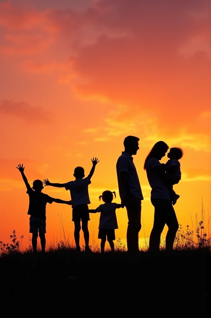 Silhouette parents three boys one girl and a babygirl