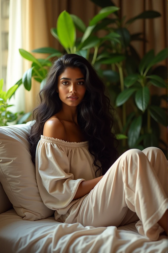 (photorealism:1.2), beautiful indian woman, sitting on bed, wearing loose off-shoulder top, pajama pants, long curly hair, indoors, soft lighting, plants in background, window with sunlight, cozy room, relaxed pose, realistic, intricate details, warm colors, black hair, black eye