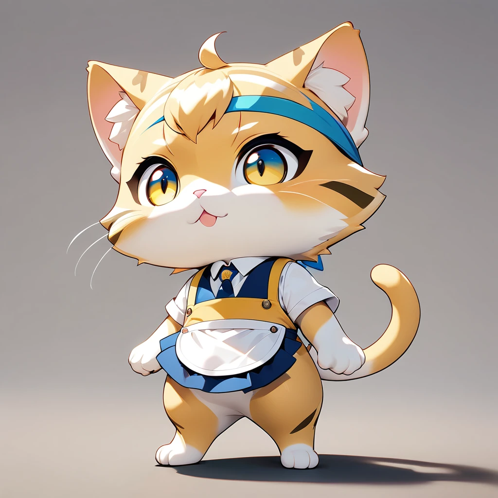 (masterpiece, best quality:1.2), Animation Style, ultra-small deformation, Chibi Cute, 1 boy, solo, full body, (anthropomorphic yellow tabby cat, furry, kemono), standing, white sommelier apron, blue headband, High contrast and vivid color, simple background, Generated in SFW, ARW