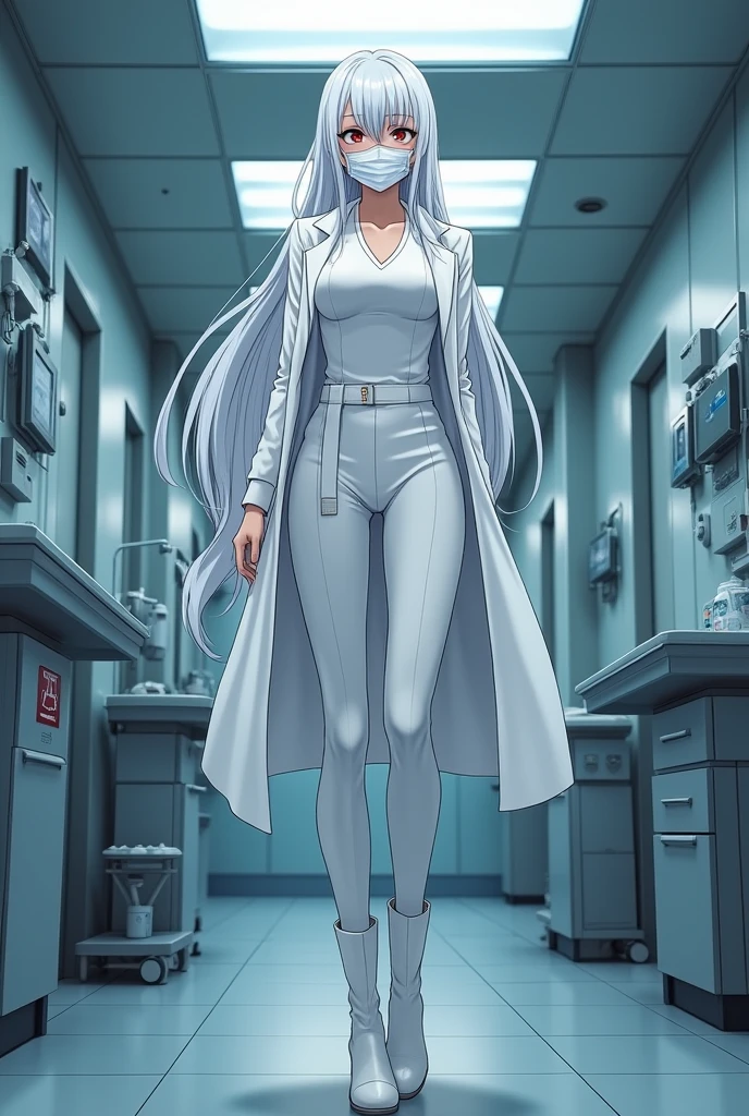 Sora is a tall woman, De pele clara, red eyes and long white hair that reaches mid-thigh. She wears a white blouse, White coat, white pants and white boots. She stands with a grim expression in a nursing station at a hospital., well she's a nurse and she's wearing a mask. anime-style artwork