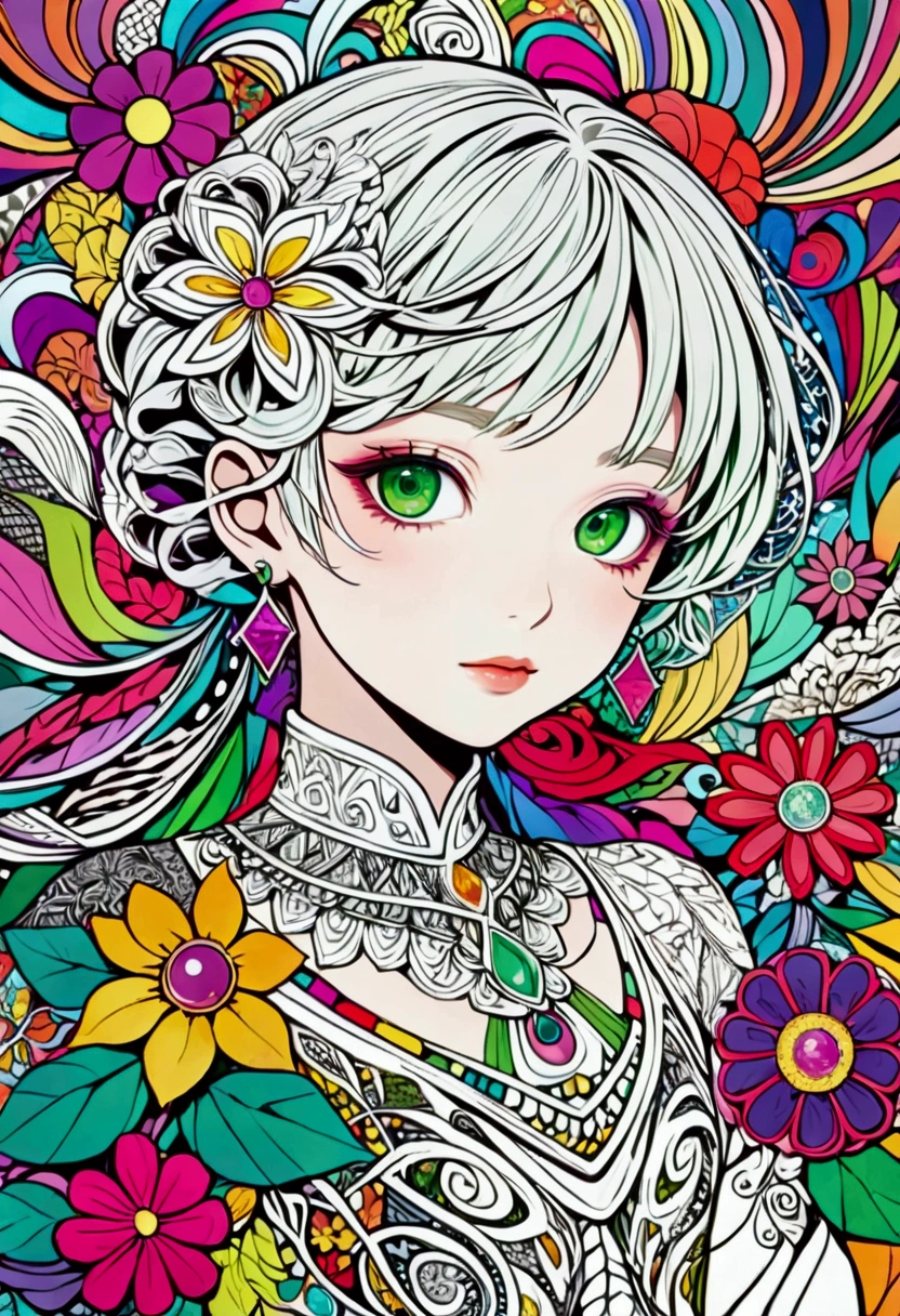 Official Art, colorful, 非常To詳細, beautiful and aesthetic, beautiful, masterpiece, Highest quality, (zenTangle, colorful, Tangle, enTangle), (Flower Ecstasy:1.2) Dynamic Angle, To, the most beautiful form of chaos, elegant, Brutalist Design, Vibrant colors, Romanticism, Venus、The background is silver&green: 白いオーラTo包まれて、god々Shii、An illustration、、whole body