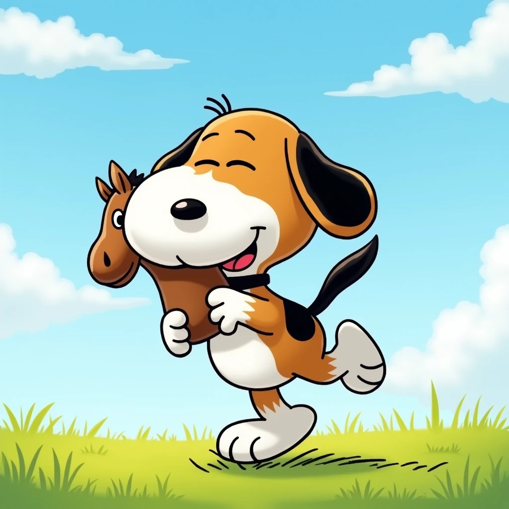 Snoopy style: Female dog, black, White and brown. beagle, playing with a horse in its mouth, With a happy face. sunny day. Snoopy style cartoon drawn by Charles M Schultz. a dog with a brown face. her back is black with paws in white