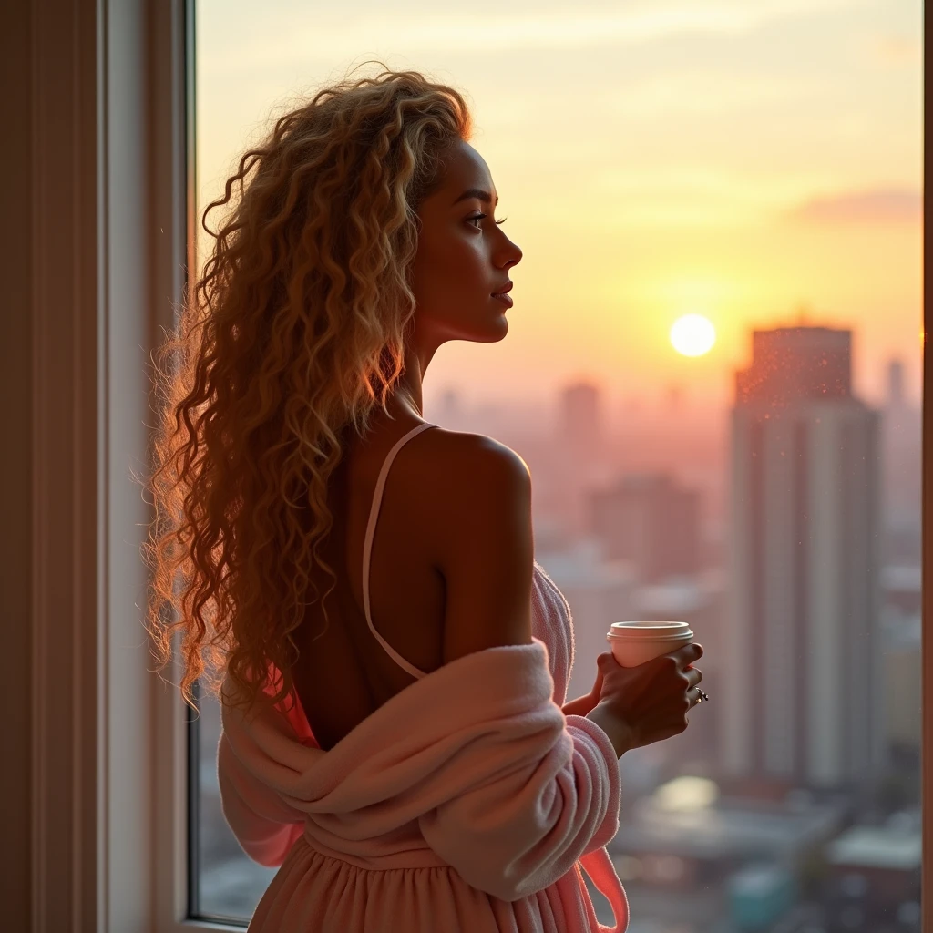 She's from the back, Very blond Curly hair blond, Toffee color skin, beautiful caribean toffee mixed girl with long blond curly hair and extremely detailled clear yellow eyes , sexy curvy full body, She looks through the large rectangular window at the sun rising on the horizon, she holds a white cup in her hand, She's from the back, She wears a pale pink bathrobe and has her hair tied with a pale pink clip. , view of city