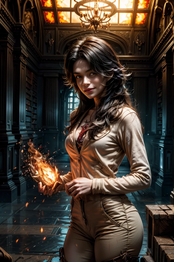 (masterpiece, best quality:1.2), cowboy shot, solo, 1girl, cinder fall, evil smile,holding flames, looking at viewer, long hair, white suit, red shirt, tie, standing in huge wrecked gothic library, debris, fire, burst water pipe, crowd (volumetric lighting), sharp focus, hyper detailed