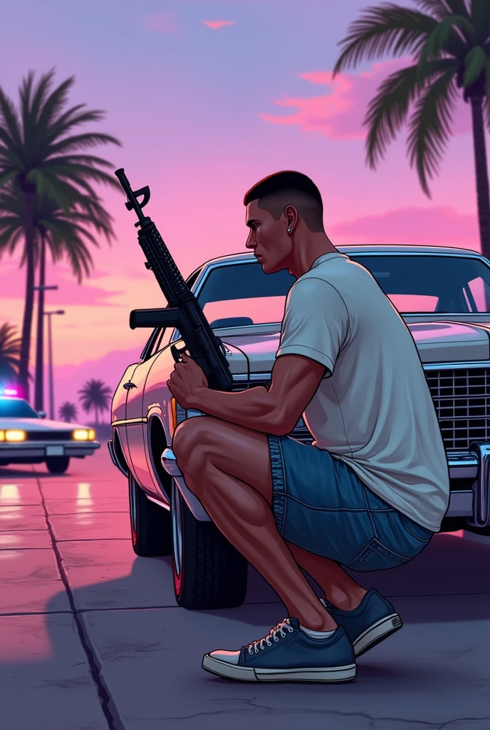 GTA V Art Style, a thin man, Caesar cut hair, wearing a white t-shirt and jean shorts, he holds a machine gun while hiding behind a vintage 70s car., Police cars approaching in the background, Miami Suburbs, shades of purple and pink, colorful illustration