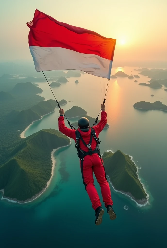 An Indonesian skydiver, Carrying the Indonesian flag, jump from plane, photo from above, hyper realistic UHD details, UHD, 32.k.