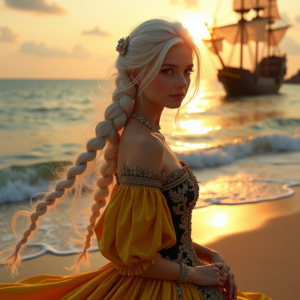 A girl with long white hair with an elegant hairstyle of the time,she will wear a yellow and black Victorian dress,she will pose and I want a background on a beach with sunset and a pirate ship in the water,I want her wearing diamonds and luxurious accessories