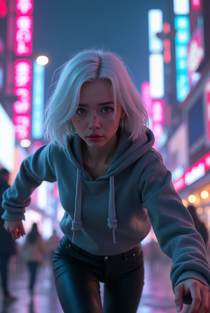 Young adult Asian woman with shoulder-length white hair, violet eyes, scar on the face on his cheek and nose. annoyed. escaping, She wears a gray hoodie and black leggings, cyberpunk style