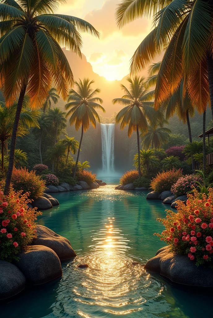 ((best qualityer)), ((work of art)), (detailded), AN ENVIRONMENT WITH BLACK AND GOLD WITH A BEAUTIFUL PARADISE IMAGE