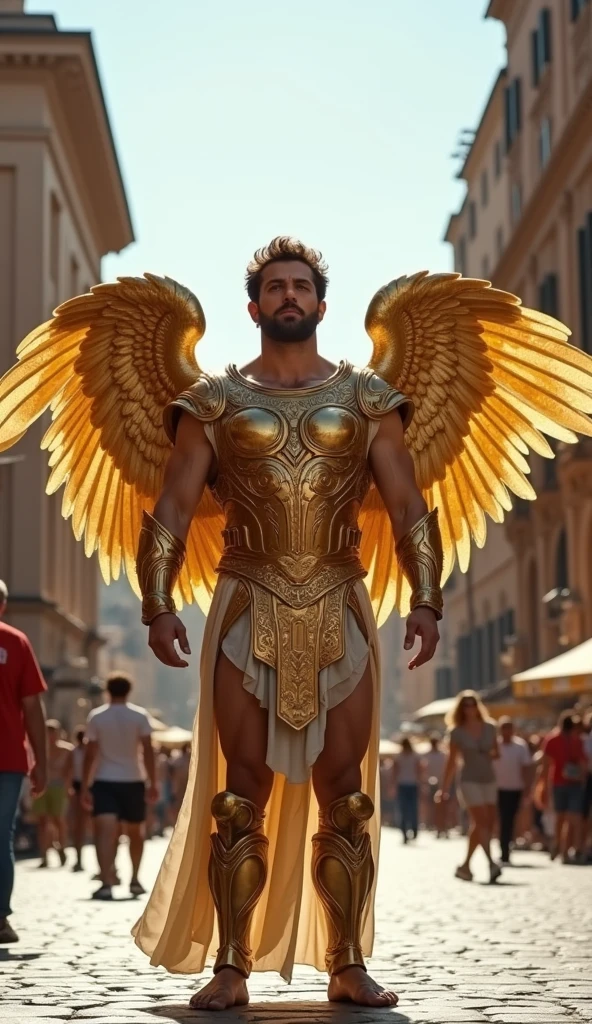 A very muscular male angel, Standing in modern Rome, Daytime, Wearing ancient Roman gold armor