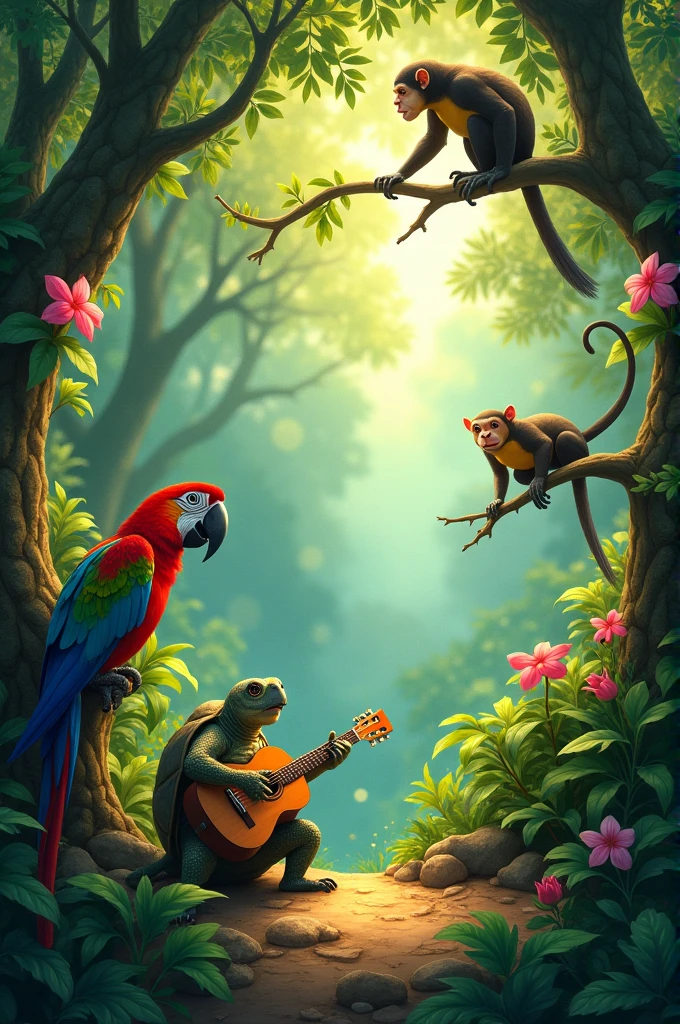 Create a book cover In the immense Amazon rainforest, where magic and life meet, there lived a group of animals who loved music. Every morning, a new enchanting sound echoed through the forest.