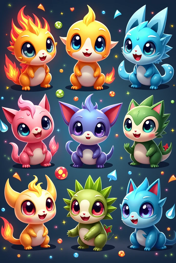 Design a set of 3D stylized stickers for the SOLMON - Solana Monsters series.
Each sticker should feature a SOLMON character depicted in a cute, chibi-style with big, expressive eyes and exaggerated features. The characters should be vibrant and playful, with glowing accents and small details like moss, vines, or elemental effects depending on their type (e.g., fire, water, nature).