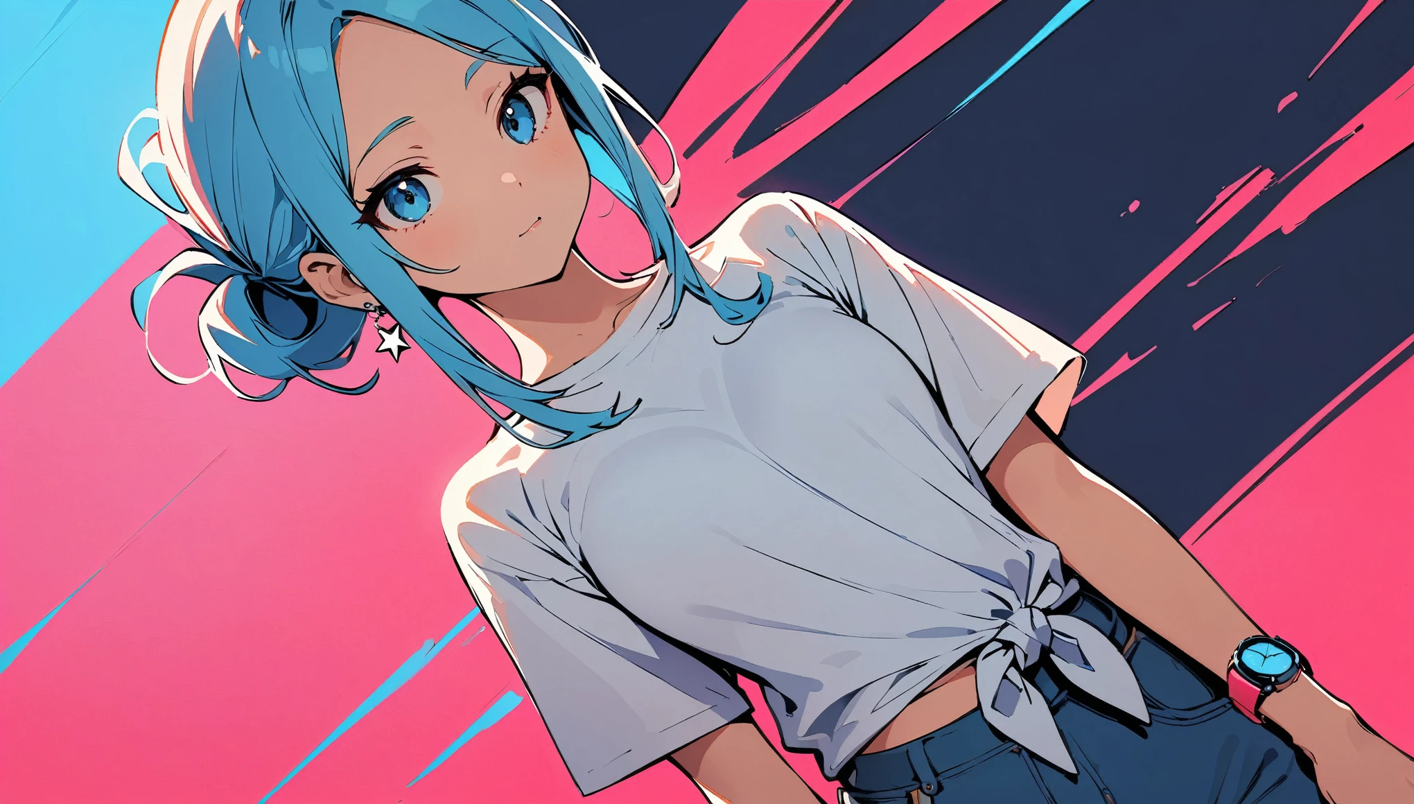 (high quality, 8k, 4K, High Contrast, masterpiece:1.2, 最high quality, Best aesthetics), (Dynamic Angle), ((1 female)), ((Single color background)), ((Flat Color)), Plain White T-shirt, jeans,Looking at the audience, Upper Body, Pop and simple background, High Contrast, Contrasting colors, Cowboy Shot,Pale pink and blue lighting,Long Hair,((Tied Hair)),Small Tits,Blue Hair,Small star-shaped earrings in both ears,watch