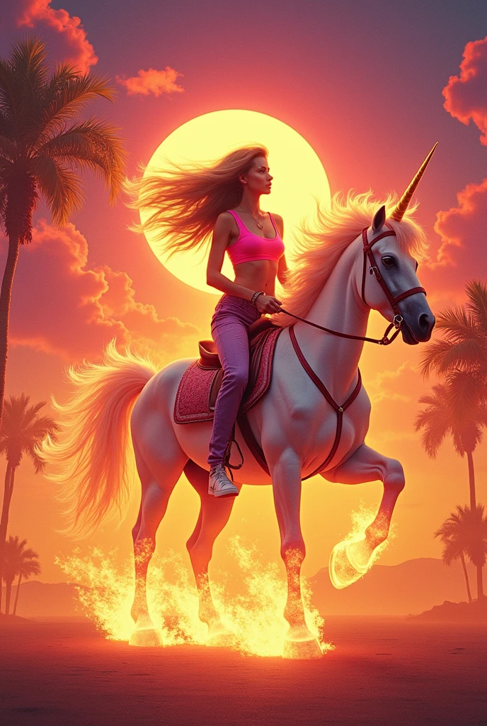 A woman from the 80s riding a flaming unicorn 