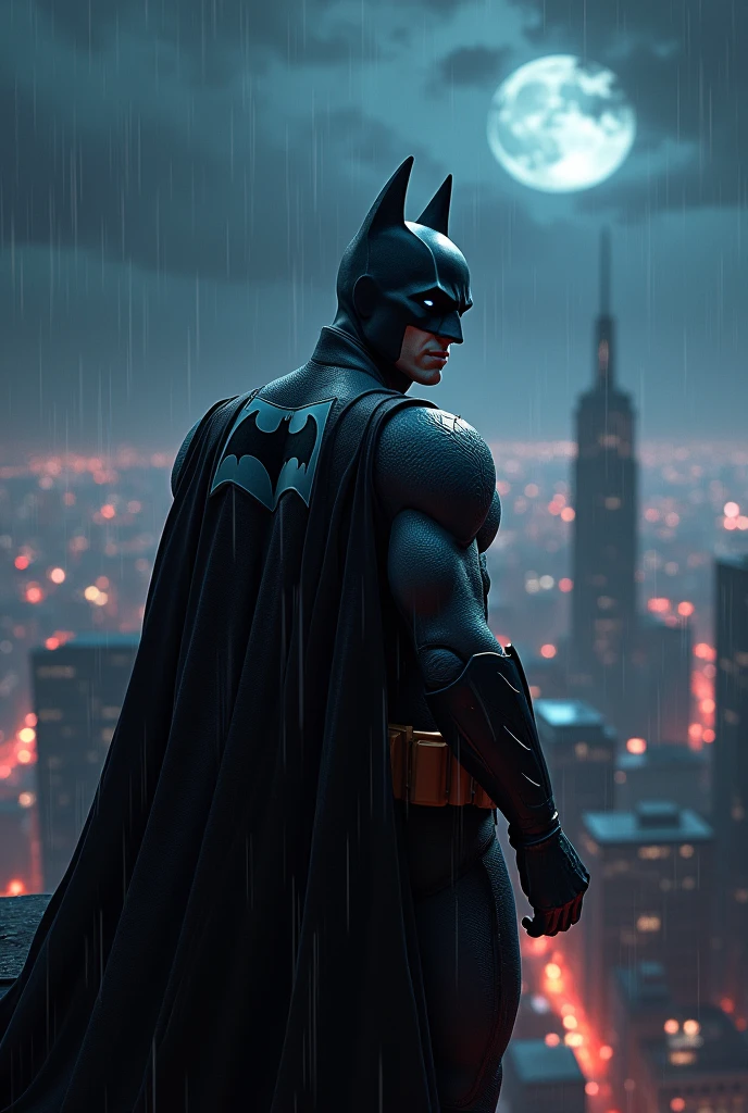 a highly detailed and realistic 3d rendering of Batman, detailed face and eyes, standing on top of a skyscraper in Gotham City at night, dramatic lighting, moody atmosphere, gloomy cityscape, dark clouds, rain, neon lights, cinematic camera angle