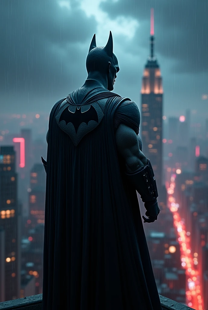 a highly detailed and realistic 3d rendering of Batman, detailed face and eyes, standing on top of a skyscraper in Gotham City at night, dramatic lighting, moody atmosphere, gloomy cityscape, dark clouds, rain, neon lights, cinematic camera angle