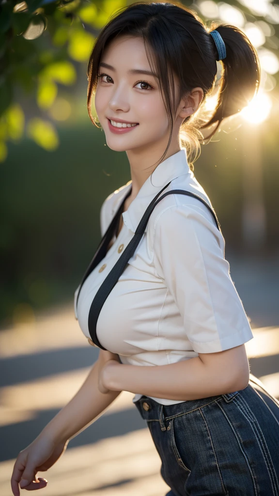 (highest quality,masterpiece:1.3,ultra high resolution),(Super detailed,caustics,8k),(photorealistic:1.4,RAW shooting),1 girl,(smile and look down at the camera),(front shot:1.1),(face forward),18-year-old,cute,Japanese,black short ponytail,school uniform,glamorous,(big boobs),( close up),(breast focus),street,sunshine,Natural light,(Backlight),(A bright light shines from behind),(Lens flare),professional writing,(cowboy shot),(low position:1.3),(Low - Angle:1.3)