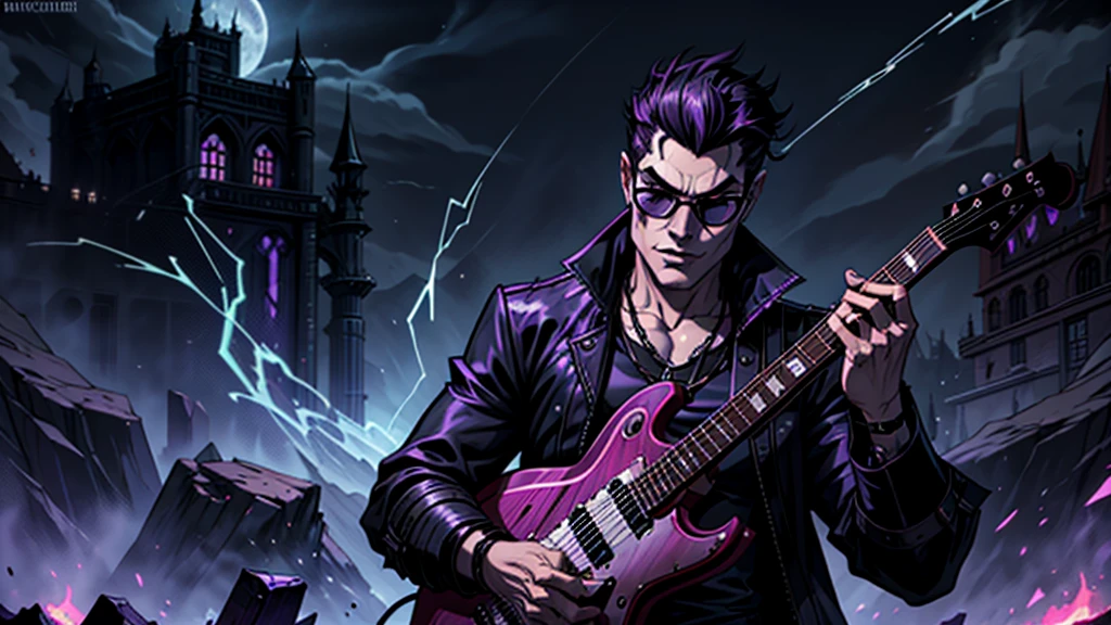 Create a surreal and haunting high fantasy image of a male vampire using dark glasses in a rockstar jacket, "Kaelin Darkshadow", playing a flaming guitar while battling a horde of demonic creatures in a mystical, neon-lit arena. called 'Lunar Fang', is a legendary musician who sold his soul to the devil for unparalleled musical prowess. His music has the power to summon spirits and his guitar solos can shatter the very fabric of reality.  background castle in fire purple