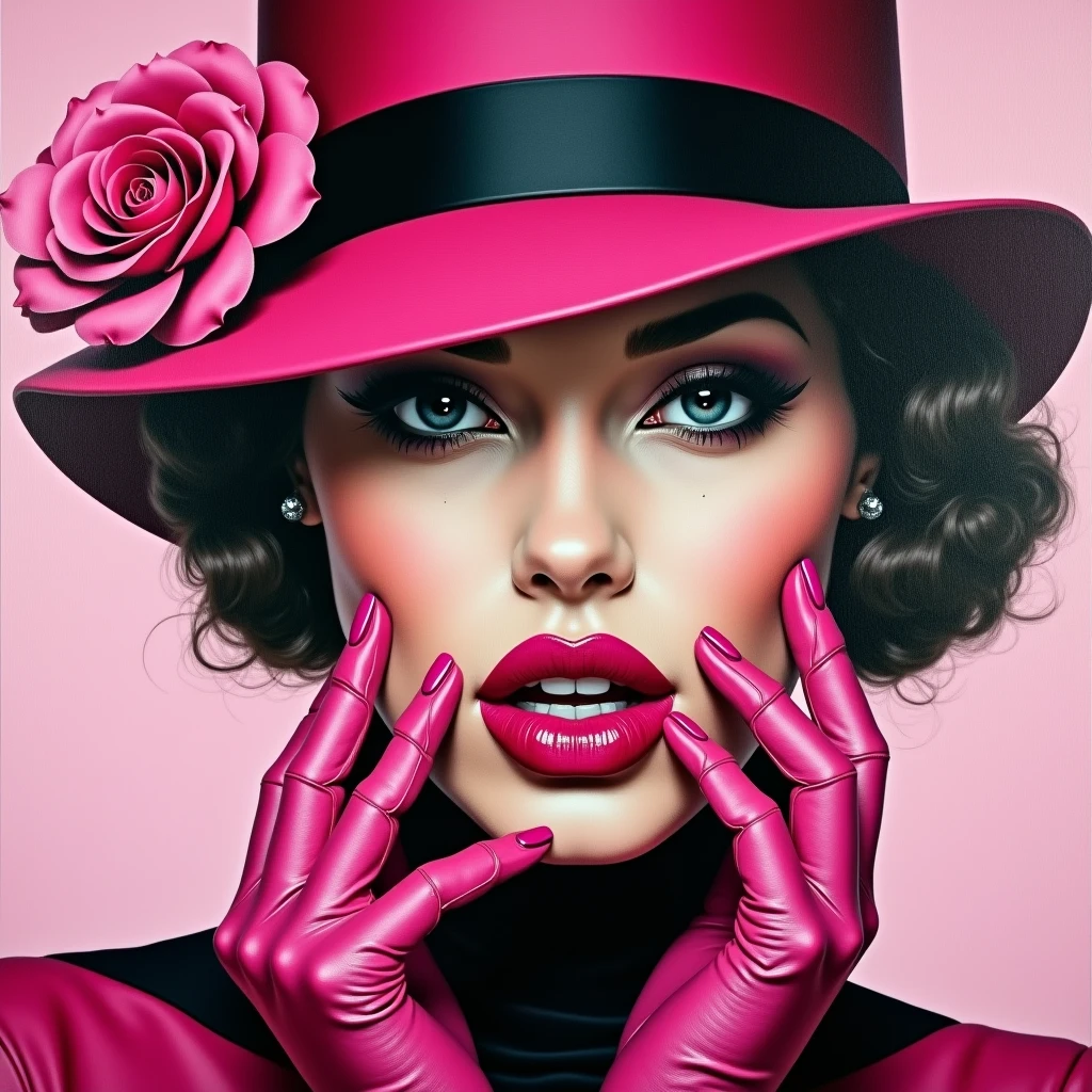 A captivating, vibrant oil painting of a woman's face with a striking emphasis on her bold, deep pink lips and nails. Her eyes are partially hidden by a stylish, pink and black striped hat adorned with a delicate flower. Her eyes peek out from the hat, exuding confidence. Pink and black leather gloves complete her bold ensemble, while her lips are framed with a precise black liner. The vivid color palette of pink, black, and white creates a striking contrast, making this painting a true work of art., painting, full body, physically-based rendering,professional,studio sunlighting,extreme detail description,nsfw,massif high saturate.varies,multi,etc. --v 6 --s 1000 --c 20 --q 500 --chaos 100
