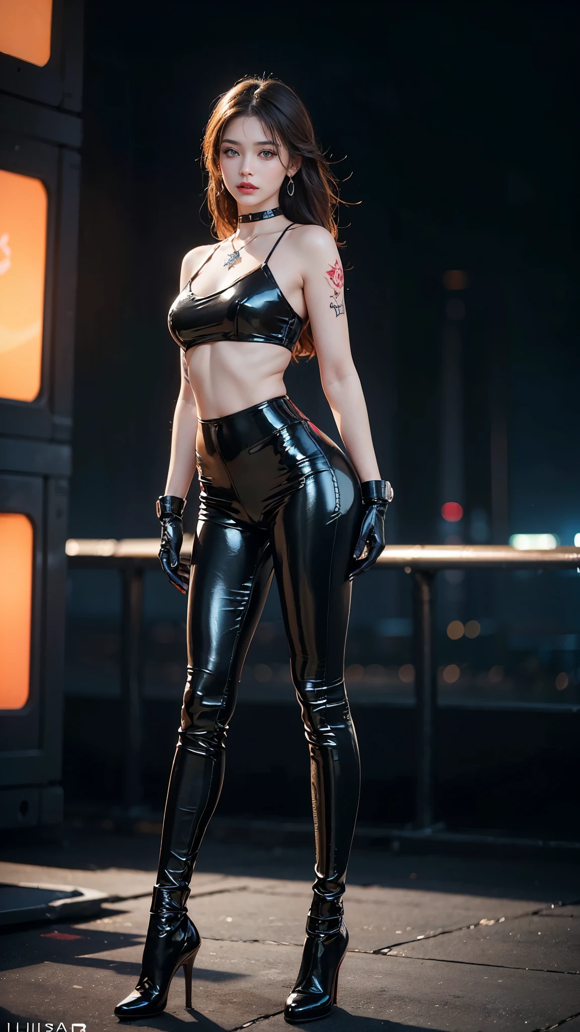 ((masterpiece:1.4)、(Highest quality:1.4)、(Realistic:1.7))、Masterpiece:1.4、(Top-notch rendering:1.4)、(Space Federation 3WA Special Agency Female Officer:1.4)、Super Beautyエージェント、(By Luis Royo:1.4)、Ready your gun?:1.2、(Futuristic sci-fi battle fashion:1.2)、(Street Style Wear)、(Tight Fit Pants)、(Shiny luxury latex:1.4)、(Luxury Red Latex:1.4)、22 years old、(Cute Tattoos:1.4)、(Wearing black gloves)、Cute Girl、Super Beauty、(Seductive pose)、Sharp Focus、Portrait Photography:1.4、8k、Photorealistic images:1.4、(Perfect female body:1.4)、Perfect proportions、(Standing:1.4)、(Full body photography:1.4)、Beautiful Face、Fearless look、Beautiful Eyes、(Beautiful limbs with a slender, toned stomach emphasized)、(Narrow waist:1.4)、(Beautiful style with 9 proportions:1.4)、(A beautiful girl with long legs and a good figure:1.4)、Beautiful feet:1.2、(Long Hair:1.2)、Heavy makeup、Eyeshadow、Glow Eye、Glow Lip、Beautiful breasts、Large Breasts:1.2、sexy ass、(Standing facing forward:1.4)、Raw photo、Red lips、Red high heels:1.4、choker:1.4、necklace:1.4、Earrings:1.4、1 Screen Display:1.4、Beautiful night view of cyberpunk city:1.2
