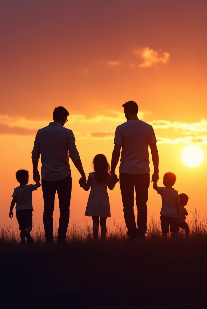 Silhouette parents with three boys one toddler girl and a babygirl