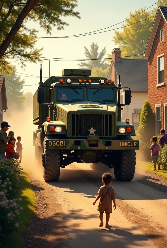 A National Guard military vehicle entering the town
