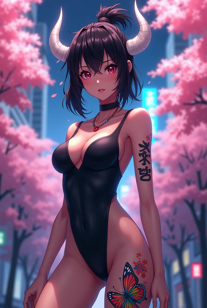 Anime mommy with black hair Tied up and messy in the front and white horns and sexy bodysuit, with red eyes And a naughty face Also put big butterfly tattoo On one thigh and Japanese letters on the other thigh