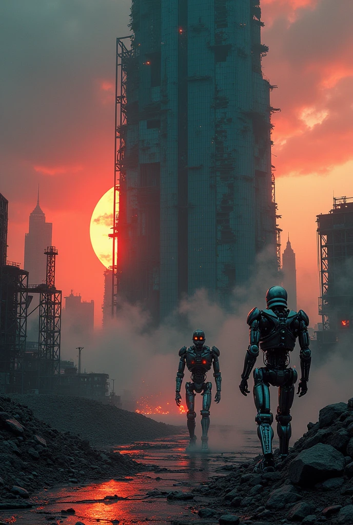 Create an image of a semi-destroyed futuristic tower protected by Terminators.