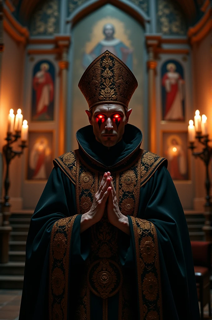 man with blood in his eyes and a bishop priest outfit