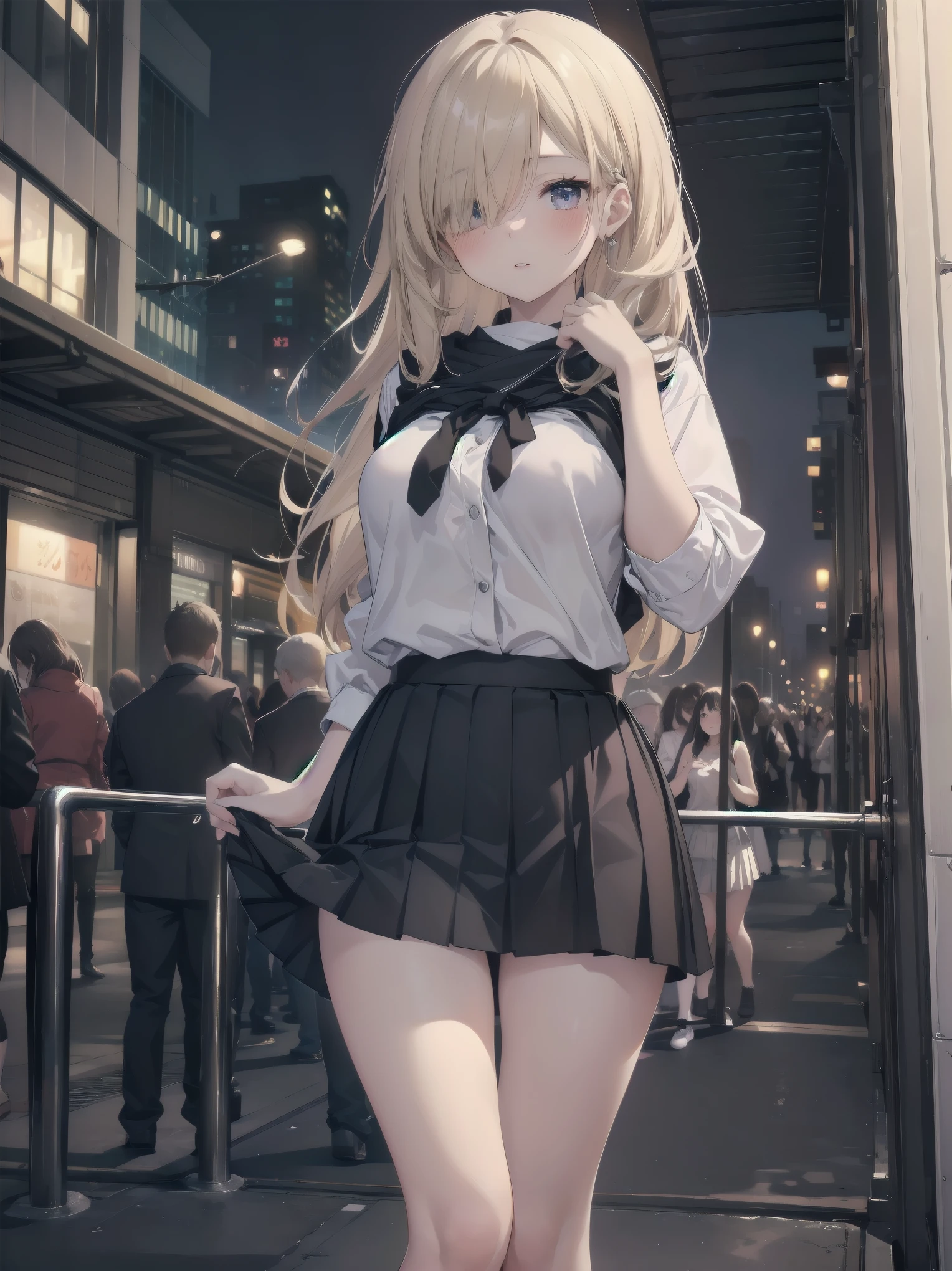 Highly detailed CG Unity 8k wallpaper, best quality, highly detailed, masterpiece, Highly detailed cute girl, 18 years old, (((lifting skirt by herself))), (lifting by herself), dynamic angles, sexy pose, blush, lips apart, looking at the audience , half body shot, (crowd), (crowded big city)), hair over one eye, immaculate beauty, upscale, less revealing clothing