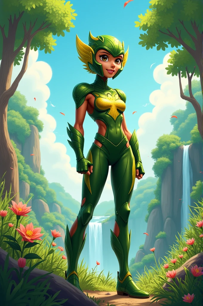 Draw an animated superhero with a costume that has a helmet and their powers are from nature