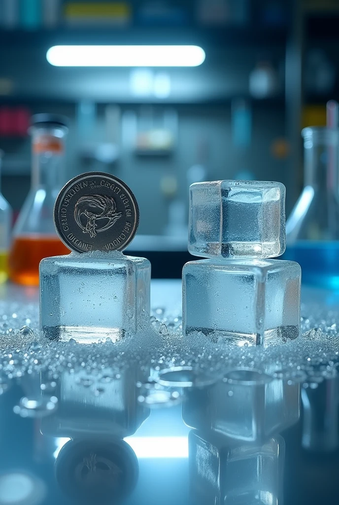 An experiment on heat transfer, a coin on top of an ice cube and a plastic lid on top of another ice cube