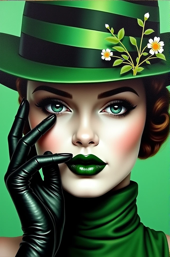 Oil painting of an enchanting, lively female face with bold dark green lips and nails. Her eyes are partially hidden by a stylish green and black striped hat with delicate flowers. Her eyes peek out of the hat, exuding confidence. Green and black leather gloves complete her bold ensemble, while her lips are framed by a precise black liner. The vibrant colours of green, black and white create a striking contrast, making this painting a true work of art.