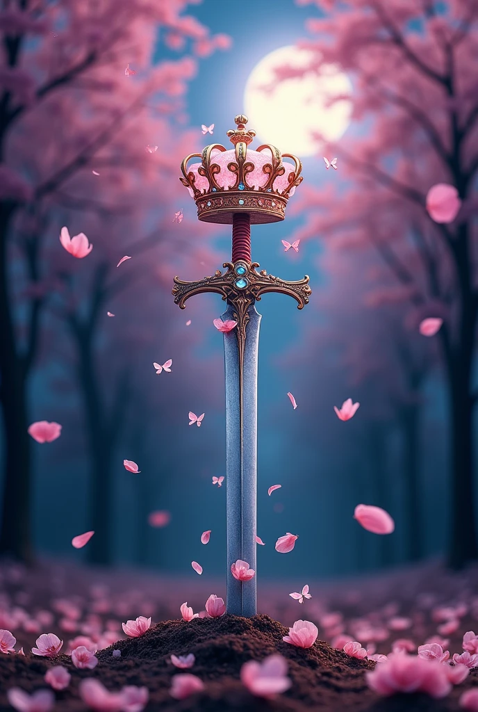A cherry blossom forest at night with a sword plunged into the middle of the trees, and on top of the sword, a princess's crown adorned with many fireflies.