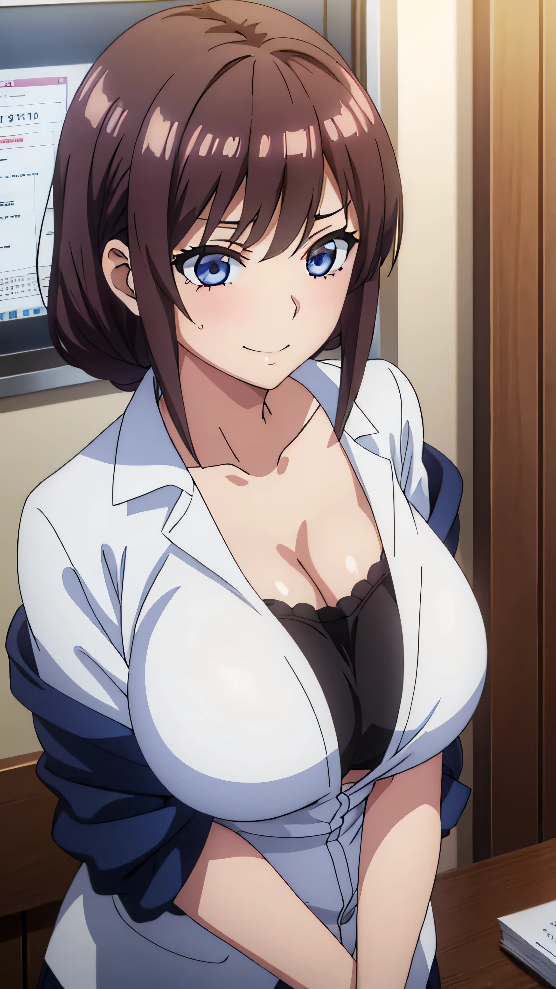 (((masterpiece))),fuyumi itadori, Anime girl characters, 1girl, solo, looking at viewer, medium hair long sleeves, cleavage, bigger breasts, closed mouth, collarbone, jacket, open clothes, open jacket, blue jacket, ground vehicle, sports bra, tall girl, horny, big ass, beautiful face,Charming,  anime visual of a cute girl, screenshot from the anime film, & her expression is solemn, ahegao face, in the anime film, in an anime, anime visual of a young woman, she has a cute expressive face, still from anime, perfect breasts, she is tall, All bodies visible, ahegao face, the face is ahegao, she is horny, A perverted face, she so perverted, she smile so perverted, hd picture, 4k quality, details of the face is so good,bigger breasts, she is a office worker