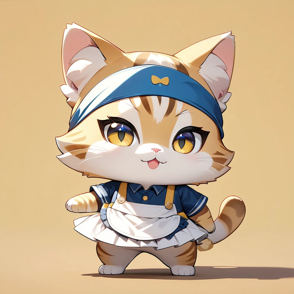 (masterpiece, best quality:1.2), Animation Style, ultra-small deformation, Chibi Cute, 1 boy, solo, full body, (anthropomorphic yellow tabby cat, furry, kemono), standing, white sommelier apron, blue headband, High contrast and vivid color, simple background, Generated in SFW, ARW