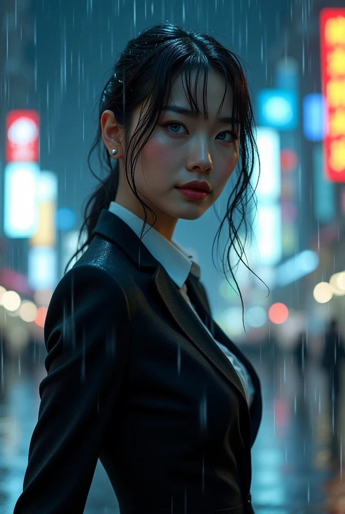 (RAW shooting, Photoreal:1.5, 8K, highest quality, masterpiece, ultra high resolution), perfect dynamic composition:1.2, Night street corner of a modern city, look up at the sky:1.3, (((Typhoon heavy rain))), Highly detailed skin and facial textures:1.2, Slim office lady wet in the rain:1.3, sexy beauty:1.1, perfect style:1.2, beautiful and aesthetic:1.1, Fair skin, very beautiful face, water droplets on the skin, (rain drips all over my body:1.2, wet body, wet hair:1.4, wet office skirt:1.2, wet office lady uniform:1.3), belt, (Medium chest, Bra is transparent, Chest gap), (look of resignation, embarrassing smile, The expression on your face when you feel intense caress, Facial expression when feeling pleasure), (beautiful blue eyes, Eyes that feel beautiful eros:0.8), (Too erotic:0.9, Bewitching:0.9), cowboy shot, Shoulder bag, necklace, earrings, bracelet, clock