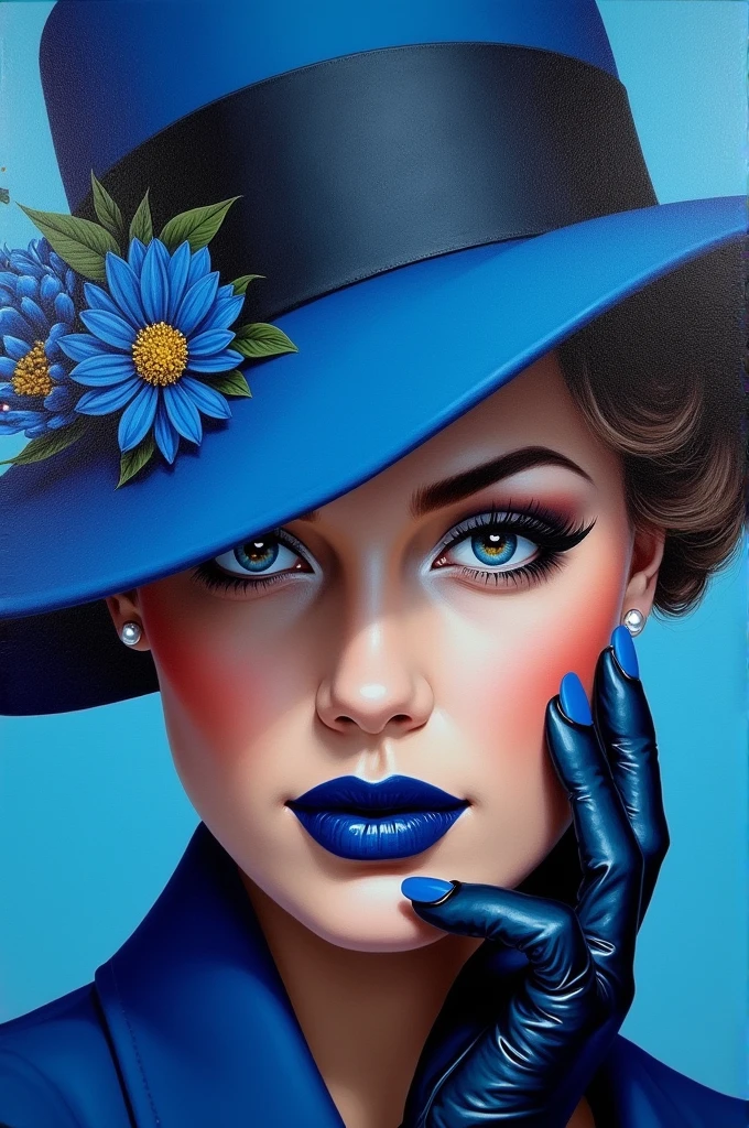 Oil painting of an enchanting, lively female face with bold, dark blue lips and nails. Her eyes are partially hidden by a stylish blue and black striped hat with delicate flowers. Her eyes peek out of the hat, exuding confidence. Blue and black leather gloves complete her bold ensemble, while her lips are framed by a precise black liner. The vibrant colours of blue, black and white create a striking contrast, making this painting a true work of art.