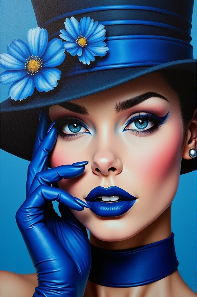 Oil painting of an enchanting, lively female face with bold, dark blue lips and nails. Her eyes are partially hidden by a stylish blue and black striped hat with delicate flowers. Her eyes peek out of the hat, exuding confidence. Blue and black leather gloves complete her bold ensemble, while her lips are framed by a precise black liner. The vibrant colours of blue, black and white create a striking contrast, making this painting a true work of art.