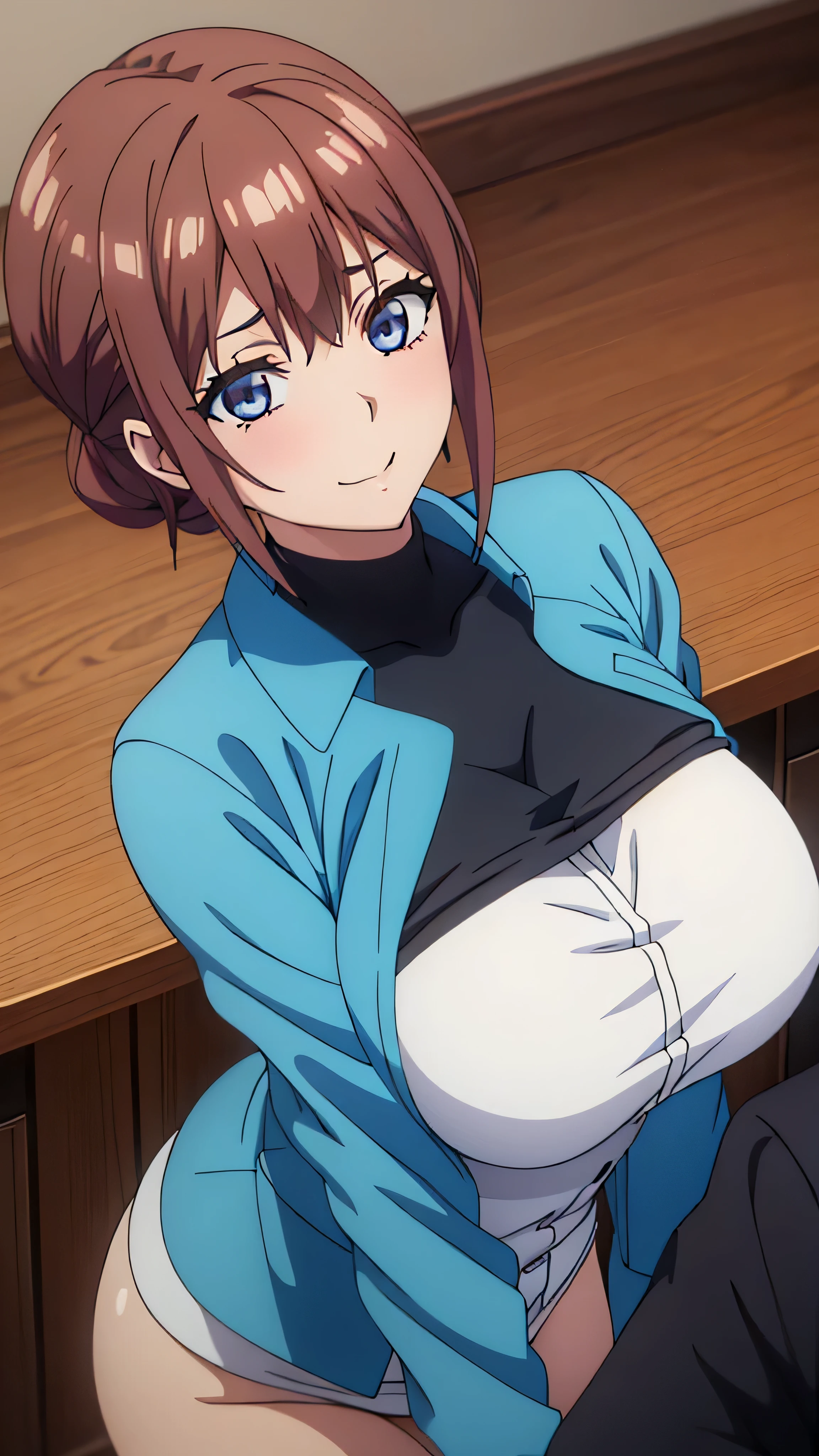 (((masterpiece))),fuyumi itadori, Anime girl characters, 1girl, solo, looking at viewer, medium hair long sleeves, cleavage, bigger breasts, closed mouth, collarbone, jacket, open clothes, open jacket, blue jacket, ground vehicle, sports bra, tall girl, horny, big ass, beautiful face,Charming, anime visual of a cute girl, screenshot from the anime film, & her expression is solemn, ahegao face, in the anime film, in an anime, anime visual of a young woman, she has a cute expressive face, still from anime, perfect breasts, she is tall, All bodies visible, ahegao face, the face is ahegao, she is horny, A perverted face, she so perverted, she smile so perverted, hd picture, 4k quality, details of the face is so good,bigger breasts, she is a office worker