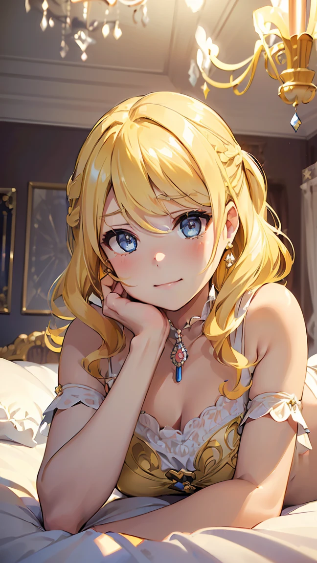 eli ayase, (((blonds hair color:1.5))), blue eyes, ponytail, hair ribbon,--(8K, Raw, Highest Quality, Real 1.2), Ultra High Quality, High Resolution, Highest Quality, Perfect Face, Perfect Limbs, Perfect Fingers, High Resolution, (Beautiful Anime Face, Cute Face, Detailed Face), (Bewildered: 1.3), (Shy: 1.3), (Slightly Surprised: 1.3), Lying on Bed, Cowboy Shot, Miniature Human Hand, (((Medium Bust 1.3))), (((Slender Thighs 1.3))), Pure White Chalk Interior, Pure White Marble Interior, ((Pure White Bedroom Like a Western Castle: 1.5)), (((Luxurious Pure White Canopy Bed: 1.4)), (((Chandelier: 1.4))), ((Pure white bed 1.5)), ((Beautifully decorated bedroom 1.5)), ((Modern style bedroom 1.5)), Perfect anatomy, Perfect proportions, Nice lighting, Bright colors, Clean lines, Information, Blurred, Stunning facial expression, Restless emotions, Gorgeous and pretty, Beautiful face and eyes with every detail, (Masterpiece) Beautiful face, Young and handsome girl, Really perfect skin, Blurred, Stunning facial expression, Restless emotions, Gorgeous and pretty, Beautiful face and eyes with every detail, (Audrey Hepburn), (Cute), (J-POP idol), (Thighs, (Depth of field), (Depth of field), Soft light, Sparkling lens gaze, (Droopy eyes), Straight teeth, Shy smile, Flowing hair, A scene from Blake's movie,