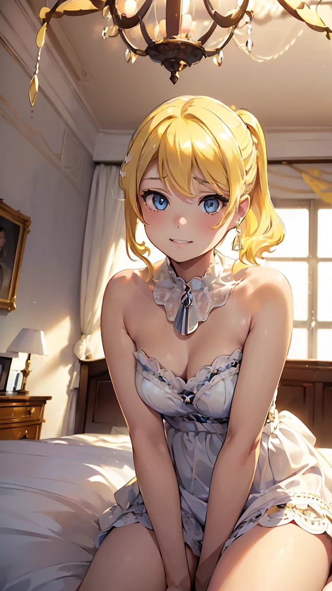 eli ayase, (((blonds hair color:1.5))), blue eyes, ponytail, hair ribbon,--(8K, Raw, Highest Quality, Real 1.2), Ultra High Quality, High Resolution, Highest Quality, Perfect Face, Perfect Limbs, Perfect Fingers, High Resolution, (Beautiful Anime Face, Cute Face, Detailed Face), (Bewildered: 1.3), (Shy: 1.3), (Slightly Surprised: 1.3), Lying on Bed, Cowboy Shot, Miniature Human Hand, (((Medium Bust 1.3))), (((Slender Thighs 1.3))), Pure White Chalk Interior, Pure White Marble Interior, ((Pure White Bedroom Like a Western Castle: 1.5)), (((Luxurious Pure White Canopy Bed: 1.4)), (((Chandelier: 1.4))), ((Pure white bed 1.5)), ((Beautifully decorated bedroom 1.5)), ((Modern style bedroom 1.5)), Perfect anatomy, Perfect proportions, Nice lighting, Bright colors, Clean lines, Information, Blurred, Stunning facial expression, Restless emotions, Gorgeous and pretty, Beautiful face and eyes with every detail, (Masterpiece) Beautiful face, Young and handsome girl, Really perfect skin, Blurred, Stunning facial expression, Restless emotions, Gorgeous and pretty, Beautiful face and eyes with every detail, (Audrey Hepburn), (Cute), (J-POP idol), (Thighs, (Depth of field), (Depth of field), Soft light, Sparkling lens gaze, (Droopy eyes), Straight teeth, Shy smile, Flowing hair, A scene from Blake's movie,