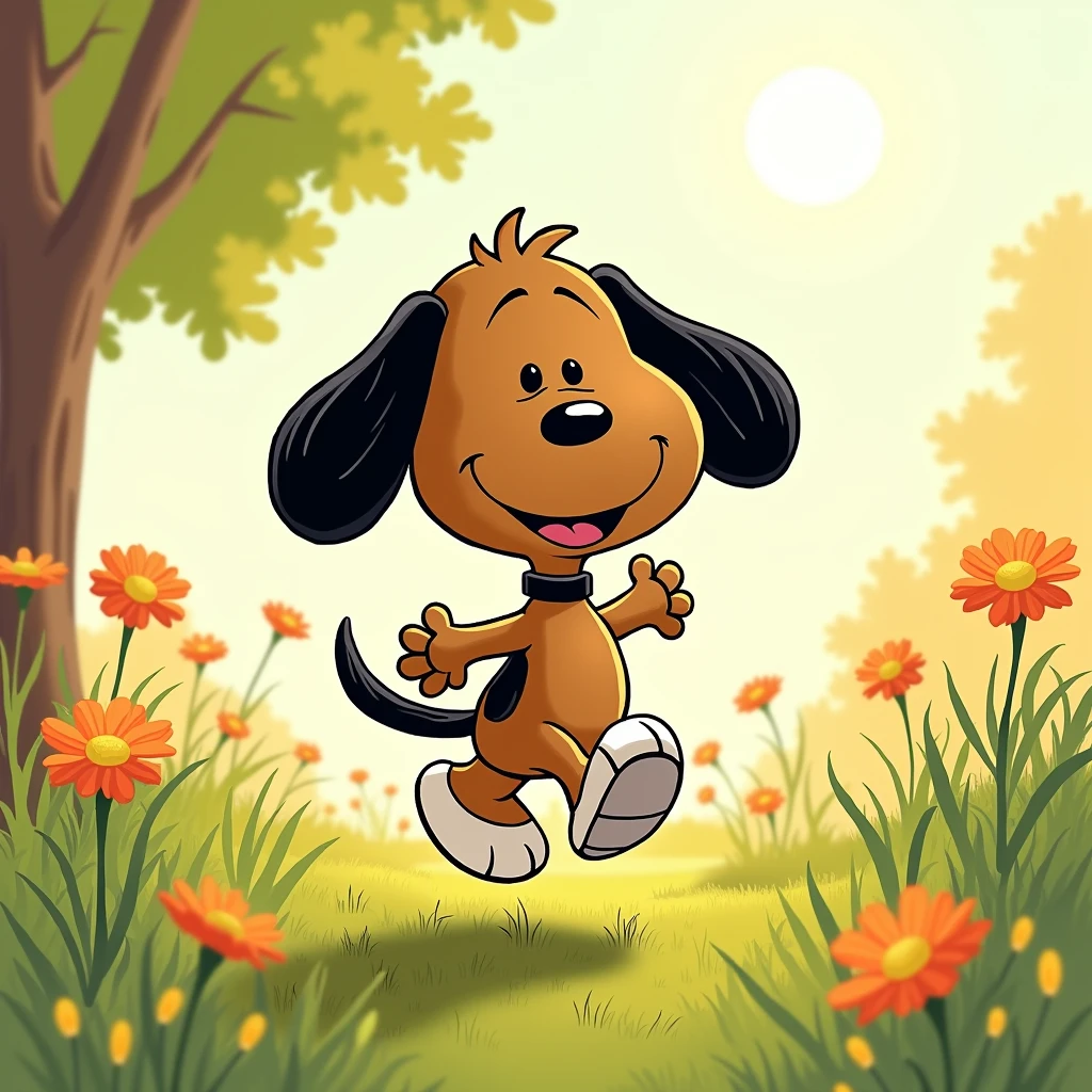 Snoopy style: Female dog, black, White and brown. With a happy face. sunny day. Snoopy style cartoon drawn by Charles M Schultz. a dog with a brown face. her back is black with paws in white