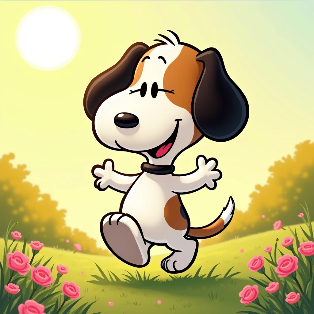 Snoopy style: Female dog, black, White and brown. With a happy face. sunny day. Snoopy style cartoon drawn by Charles M Schultz. a dog with a brown face. her back is black with paws in white