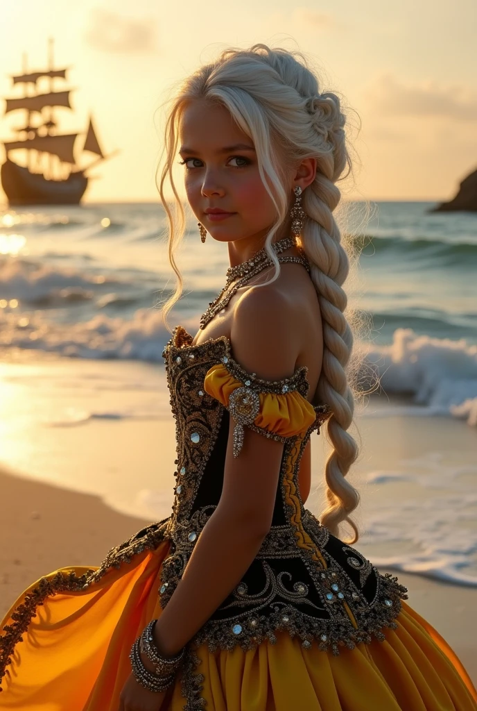 A girl with long white hair with an elegant hairstyle of the time,she will wear a yellow and black Victorian dress,she will pose and I want a background on a beach with sunset and a pirate ship in the water,I want her wearing diamonds and luxurious accessories