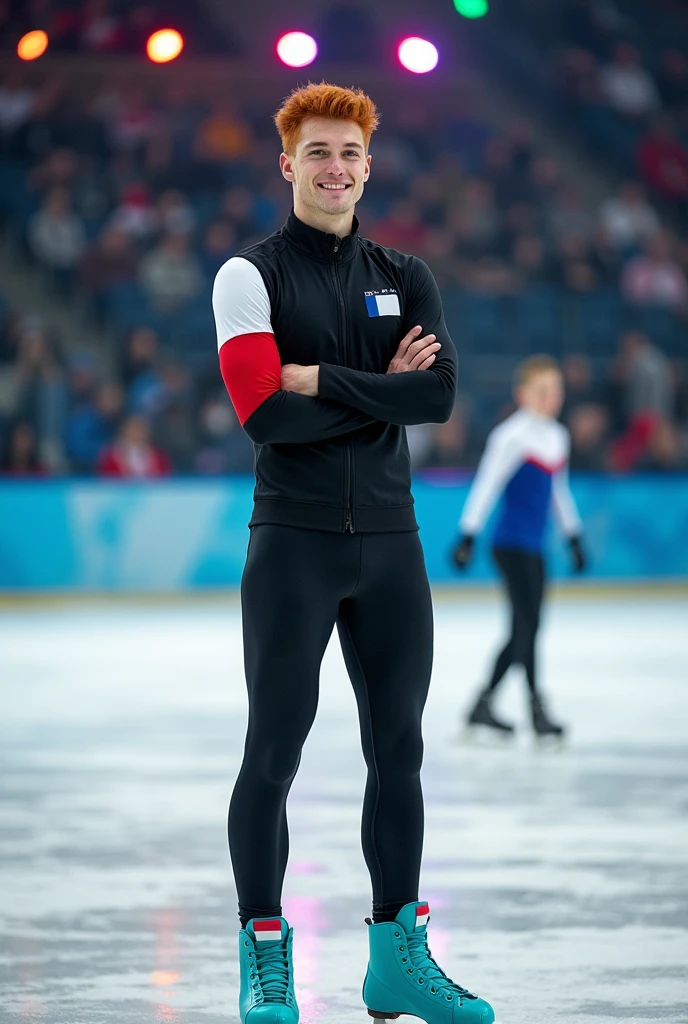 Draw a French national ice skating coach, young adult, Red-Haired,naughty man,pele caucasiana,greeneyes,turquoise ice skates, on the skating rink,with trainer clothes and Polish flag 