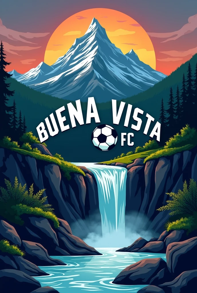 Soccer logo with a mountain and waterfall with the name BUENA VISTA LICUA FC 2023

